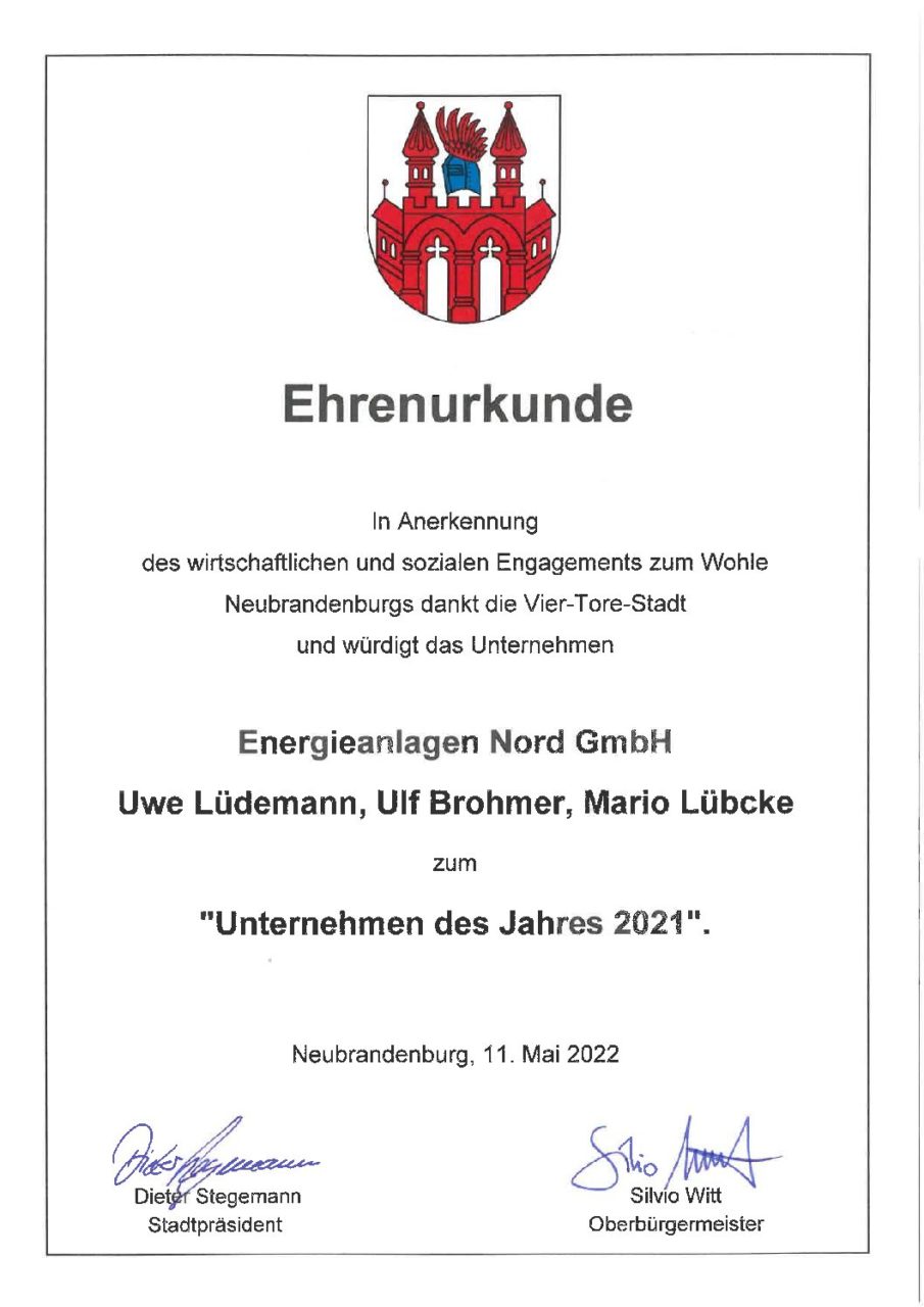 Wir sind Unternehmen des Jahres 2021 der Stadt Neubrandenburg